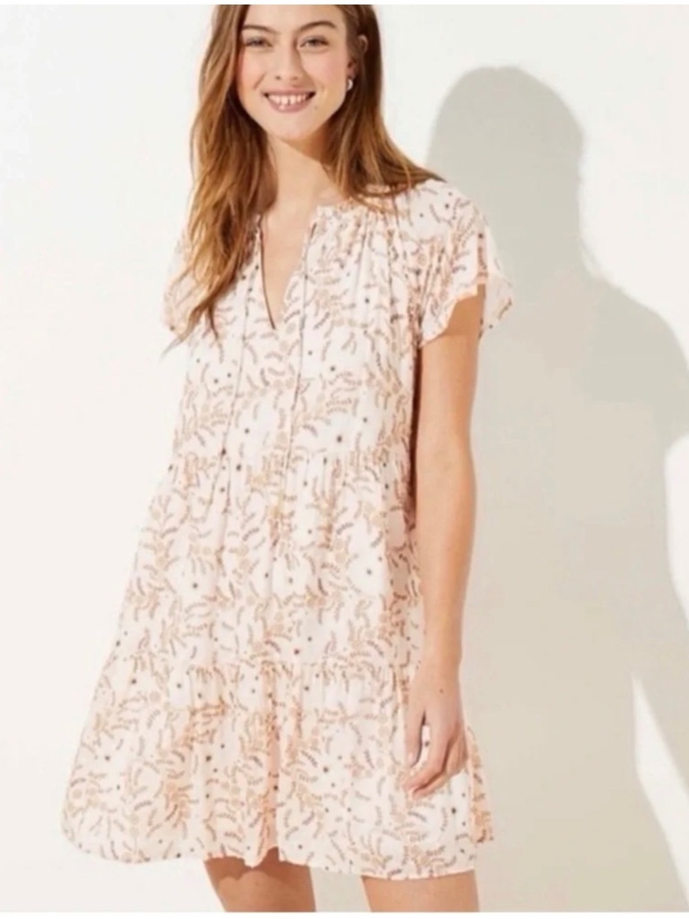 Loft pink peach tiered vine floral dress large petite